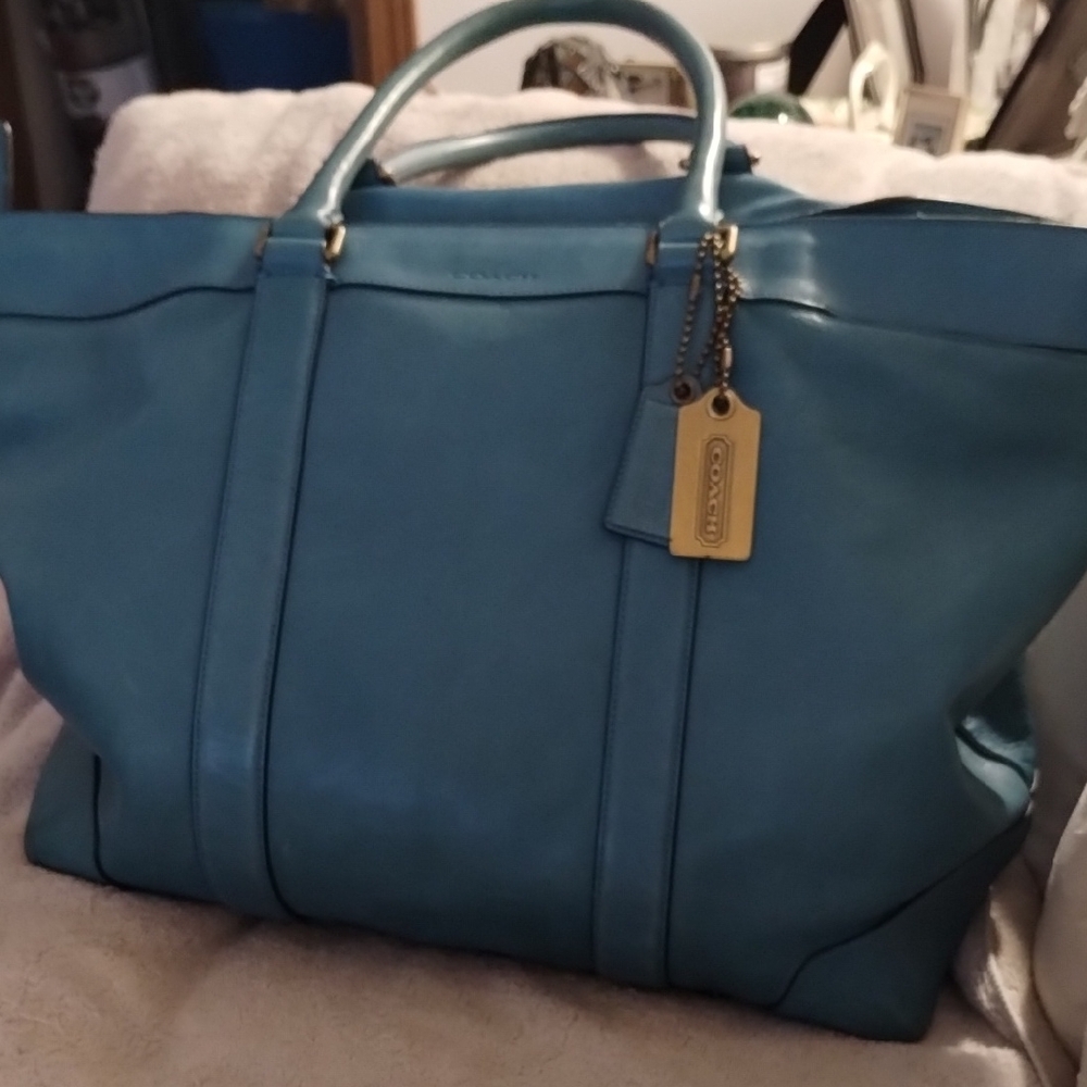 VTG Coach Turquoise Blue Structured Leather Carryon Sz 13 By 21 with Tags
